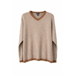 Cortina Mens V-Neck Knit Grandpa Herringbone Sweater Tan Linen Long Sleeve L